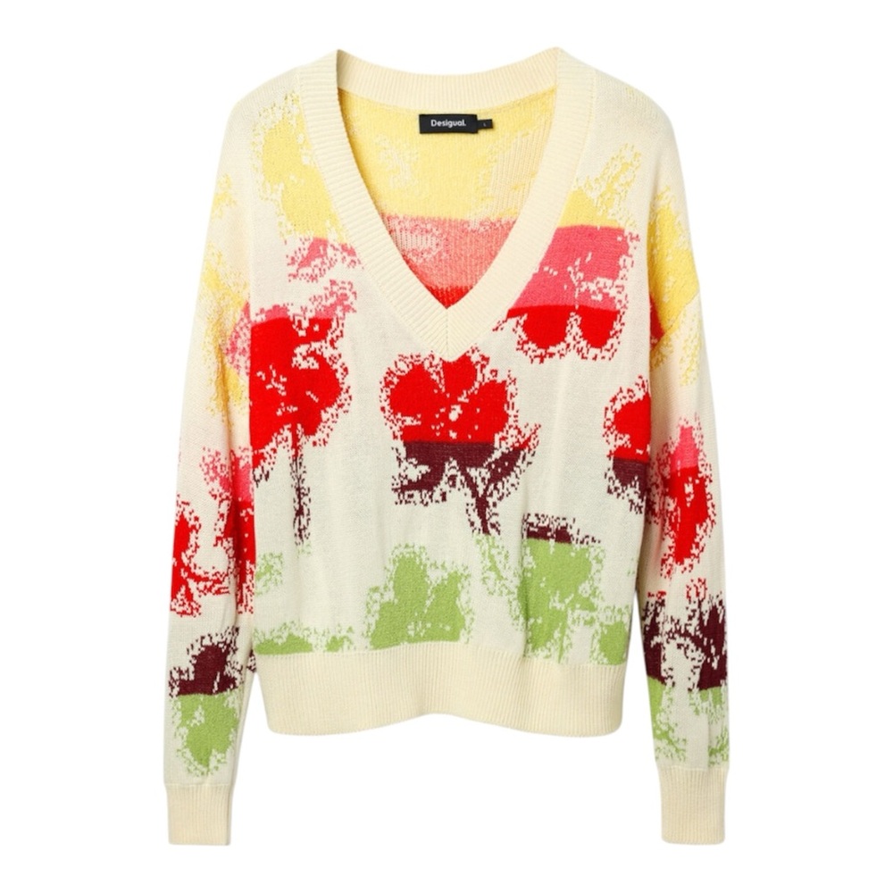 Desigual Sweater, Floral Jacquard Knit Bold Colorful Size Medium